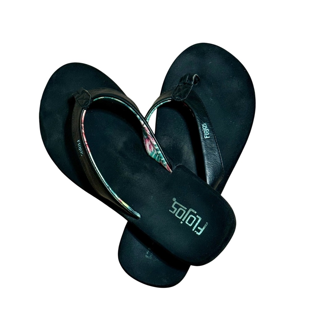Flojos Womens "Lanka" Black Tropical Floral Print Lining Flip Flop Sandals 7.5M